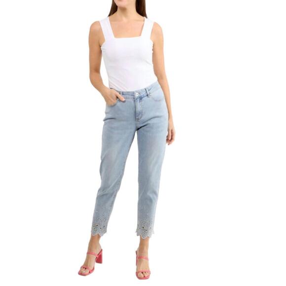 NEW ORLY button front jeans with floral cutouts and bling in light blue - Picture 1 of 2